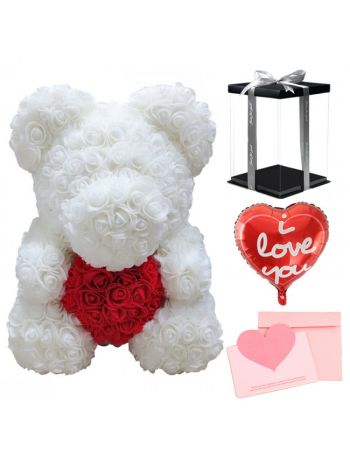Weiß Rosenbär Blumenbär mit rot Herz zum Muttertag, Valentinstag, Jahrestag, Hochzeiten & Geburtstag