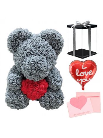 Grau Rosenbär Blumenbär mit rot Herz zum Muttertag, Valentinstag, Jahrestag, Hochzeiten & Geburtstag