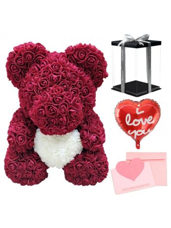 Burgund Rosenbär Blumenbär mit Weiß Herz zum Muttertag, Valentinstag, Jahrestag, Hochzeiten & Geburtstag
