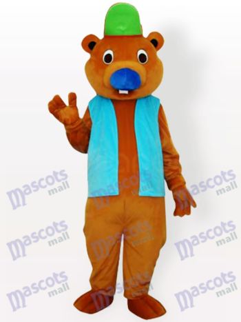 Bär mit grünem Hut und blauer Weste Maskottchen Kostüm für Erwachsene