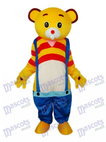 Gelber Bär Tragen blaue Overall Maskottchen Erwachsenen Kostüm Tier