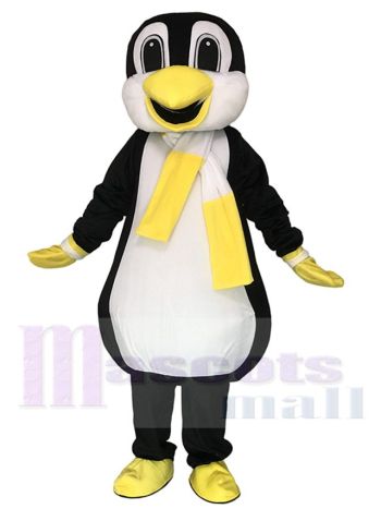 Pinguin Maskottchen Kostüm mit gelbem und weißem Schal
