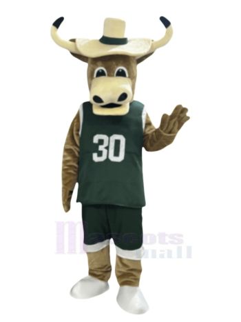 Texas Longhorns Bulle in dunkelgrüner Sportbekleidung Maskottchen Kostüm