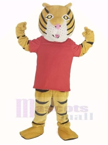 glücklich Tiger im rot T-Shirt Maskottchen Kostüm