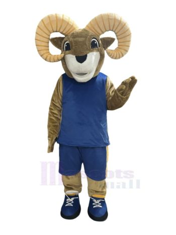 Widder im blauen Sporttrikot mit gelben Streifen Maskottchen Kostüm