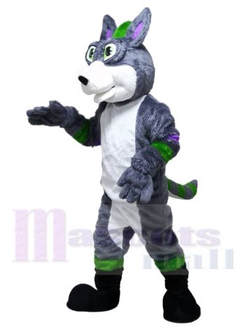 Grau Husky Hund Fursuit mit lila und grünen Streifen Maskottchen Kostümen Tier