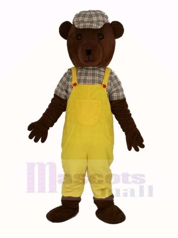 Teddy Bär im Gelb Overall Maskottchen Kostüm Karikatur
