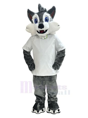 Grauer Wolf in weißem T-Shirt Maskottchen Kostüm Tier