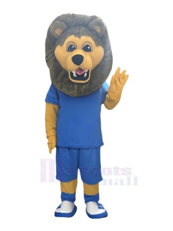 Sport Löwe im blauen T-Shirt Maskottchen Kostüm