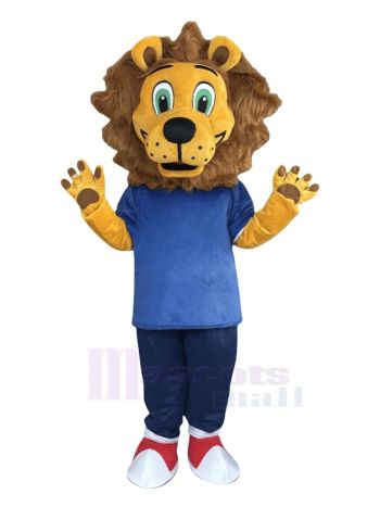 Starker Löwe im blauen T-Shirt Maskottchen Kostüm