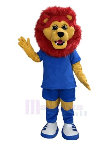 Rote Mähne Löwe im blauen T-Shirt Maskottchen Kostüm Tier