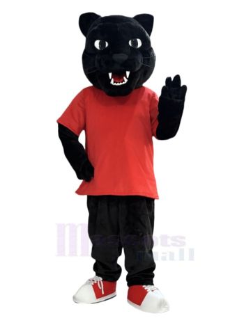 Starker Panther in rotem T-Shirt Maskottchen Kostüm