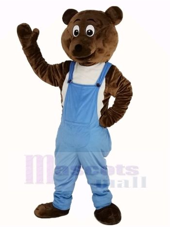 Dunkel Braun Bär dans Bleu Salopette Maskottchen Kostüm Tier