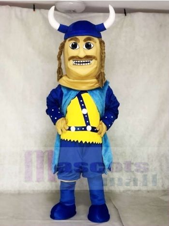 Blaue Wikinger Maskottchen Kostüme mit Helm und schwarzem Mantel Menschen