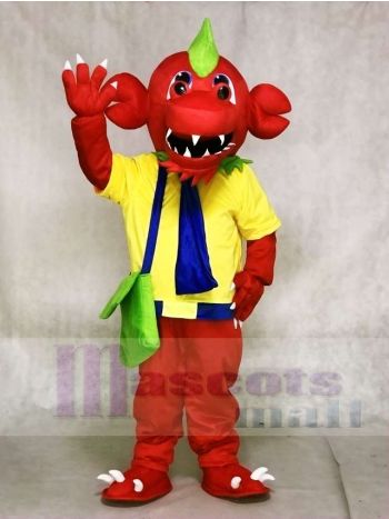 Roter Drache mit gelbem Hemd und grünen Taschen Maskottchen Kostümen
