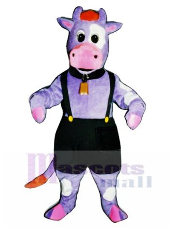 Süße lila Kuh mit Overalls und Bell Maskottchen Kostüm