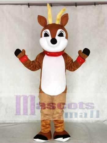 Niedliches Rentier mit rotem Nasenhalsband & Manschetten Maskottchen Kostüm
