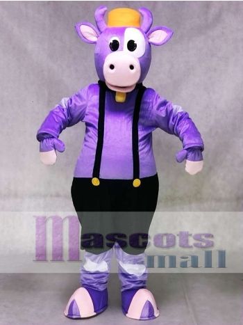 Süße lila Kuh mit Overalls und Bell Maskottchen Kostüm