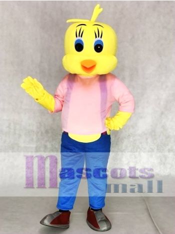 Tweety Looney Tunes Yellow Bird Mascot Costumes with Blue Overalls and Pink Shirt