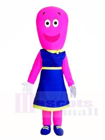 Rosa Frau im blauen Kleid Maskottchen Kostüme Menschen