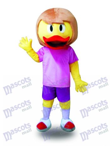 Gelbe Ente in lila Anzug Maskottchen Kostüm Bauernhof