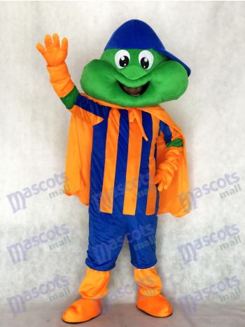 Glücklicher Frosch mit blauem Hut und orange Umhang Maskottchen Kostüm Tier