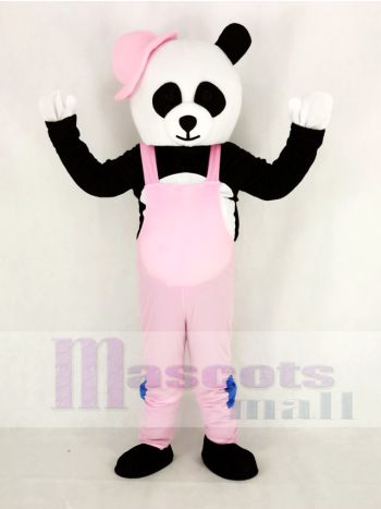 Panda mit Rosa Overall und Hut Maskottchen Kostüm Karikatur