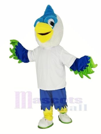 königlich Blau Kopf Vogel mit Weiß T-Shirt Maskottchen Kostüm Tier