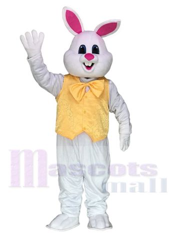 Weißes Häschen Ostern Kaninchen mit gelbem Bogen und Weste Maskottchen kostüm Tier