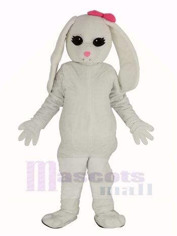 Weiß Hase mit Rosa Bogen Maskottchen Kostüm