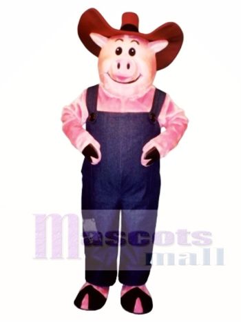 Farmer Hog mit Overalls & Hut Maskottchen Kostüm
