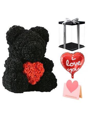 Schwarz Rose Teddybär Blumenbär mit Rotes Herz Bestes Geschenk für Muttertag, Valentinstag, Jubiläum, Hochzeit und Geburtstag
