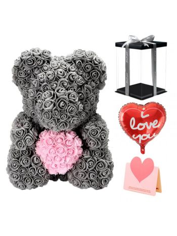 Graue Rose Teddybär Blumenbär mit Rosa Herz Bestes Geschenk für Muttertag, Valentinstag, Jubiläum, Hochzeit und Geburtstag