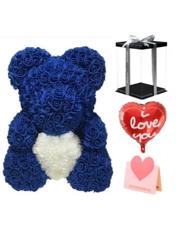 Tiefblaue Rose Teddybär Blumenbär mit Weißes Herz Bestes Geschenk für Muttertag, Valentinstag, Jubiläum, Hochzeit und Geburtstag