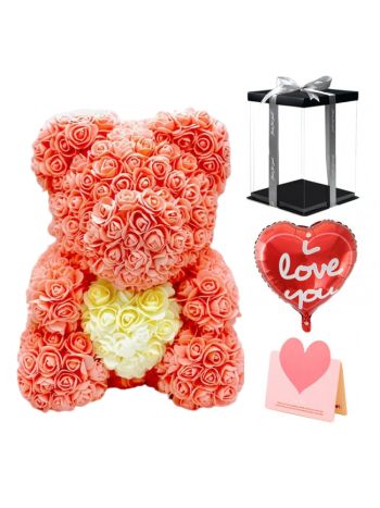Pfirsich Rose Teddybär Blumenbär mit Weißes Herz Bestes Geschenk für Muttertag, Valentinstag, Jubiläum, Hochzeit und Geburtstag