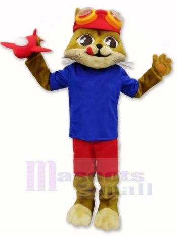 Pilot Katze mit Blau T-Shirt Maskottchen Kostüme Karikatur
