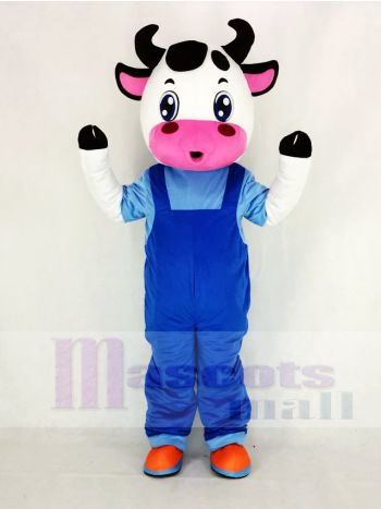 Süß Kuh mit Blau Overall Maskottchen Kostüm Karikatur