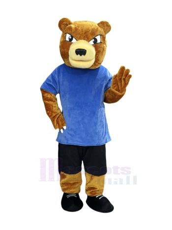 Wilder Bär im blauen T-Shirt Maskottchen Kostüm