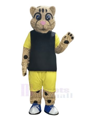 Gepard in schwarzem Hemd und goldener Hose Maskottchenkostüm