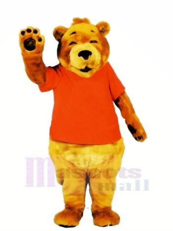 Lächelnd Bär im Orange T-Shirt Maskottchen Kostüme Karikatur