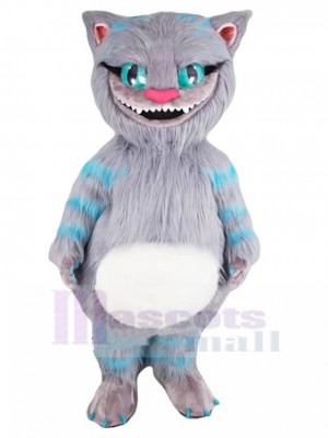 Lächelnd Grau und Blau Cheshire Cat Maskottchen Kostüm Karikatur