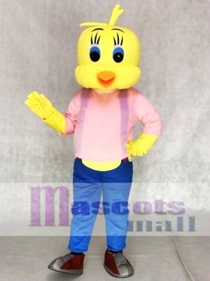 Tweety Looney Tunes Gelber Vogel Maskottchen Kostüme mit blauen Overalls und rosa Shirt